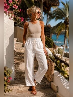 J. Crew White Wide-Leg Drawstring Linen Pants Size 10